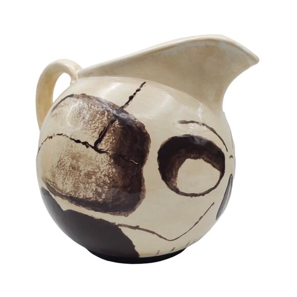 Skull Face Ceramic Pitcher Ball Jug Skeleton MCM Gothic Pottery Odd Abstract Vtg - Picture 5 of 11